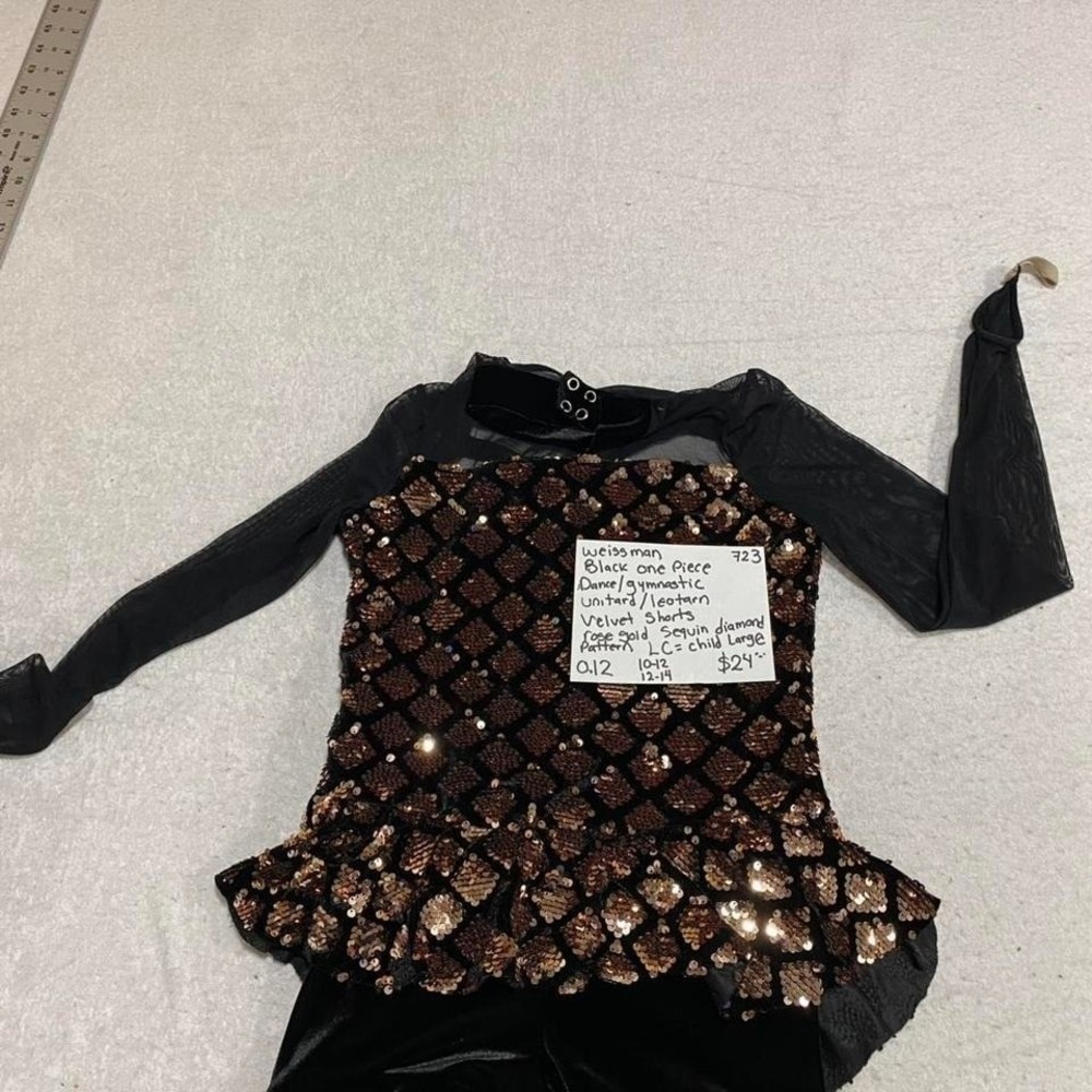 Weissman Gold and black sequin leotard with mesh sleevess size LC.SKU723